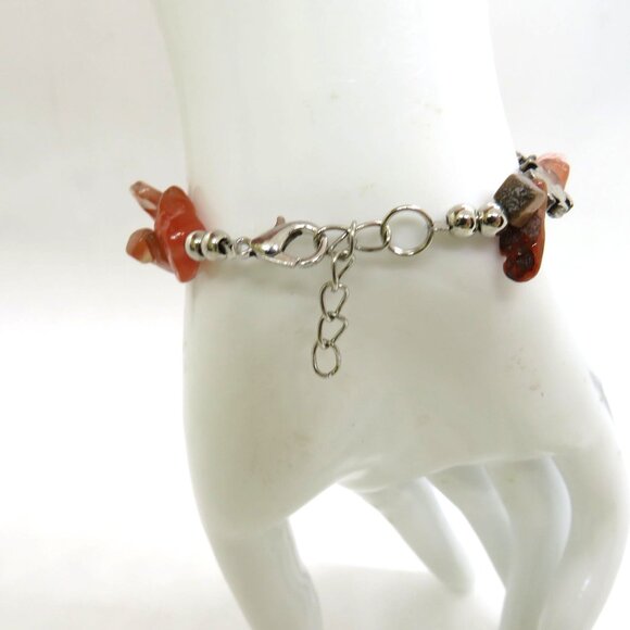 Carnelian Stone Chips Silver Bracelet Sea Turtle Silver Tone Charms - Picture 3 of 7
